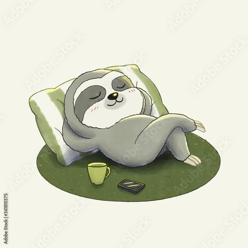 Cute cartoon of a lazy sloth taking a nap photo