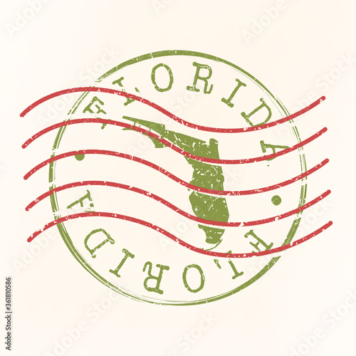 Florida Stamp Postal. Map Silhouette Seal. Passport Round Design. Vector Icon. Design Retro Travel.