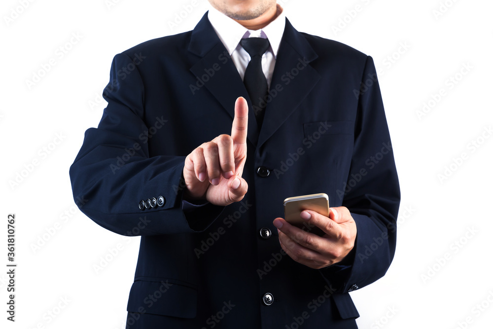 Business man touching on screen, isolated on white background