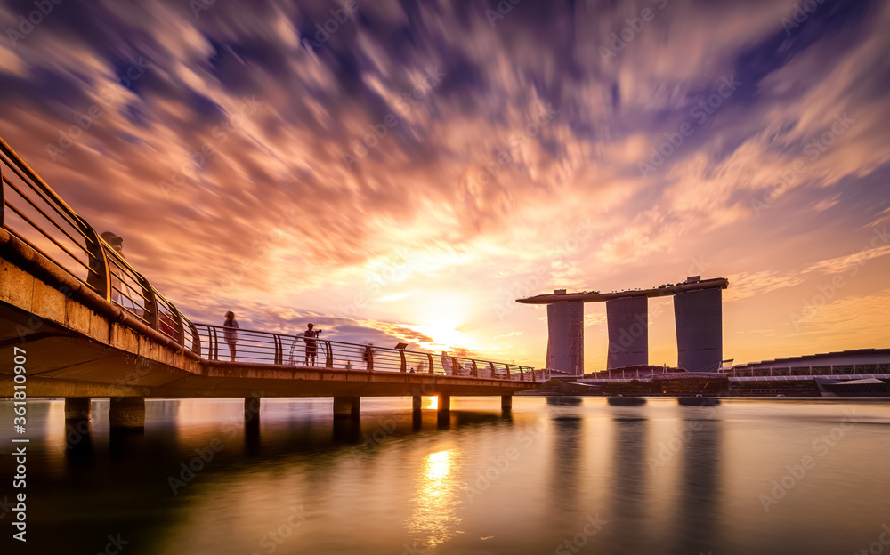 Singapore river view over Marina Bay Sands, Science Arts museum, Helix bridge. iconic view during sunrise Singapore river view over Marina Bay Sands, Science Arts museum, Helix bridge. iconic view during sunrise