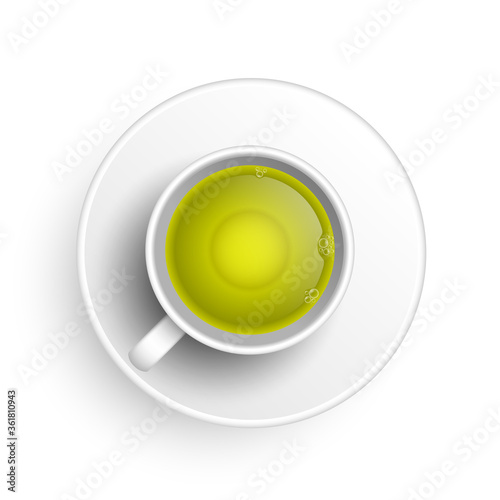Realistic 3d cup of hot aromatic freshly brewed drink green tea. A teacup top view isolated on white background. Vector illustration for web, design, menu, app