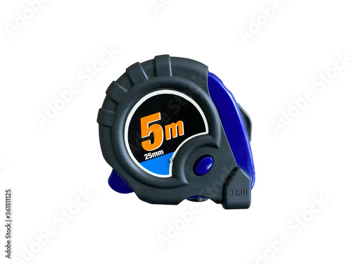 Measuring tape for measuring 5 meters 25 millimeters in length. Blue with black rubber covering. isolated on white background with a clipping path.