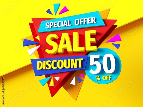 Sale special offer - 3d rendering concept advertising concept banner. Discount 50  off. Promotion creative layout. Bright raster bitmap digital illustration. Marketing print poster. 