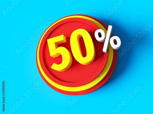50% discount - 3d rendered concept banner design. Sale abstract creative layout. Bitmap raster digital illustration poster. Business finance sign. Advertising promotion badge. 