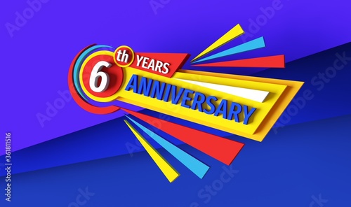 6th anniversary - 3d rendering banner logo design. Six years birthday badge emblem. Congratulatory creative layout. Abstract geometric poster. Bright raster bitmap digital illustration.