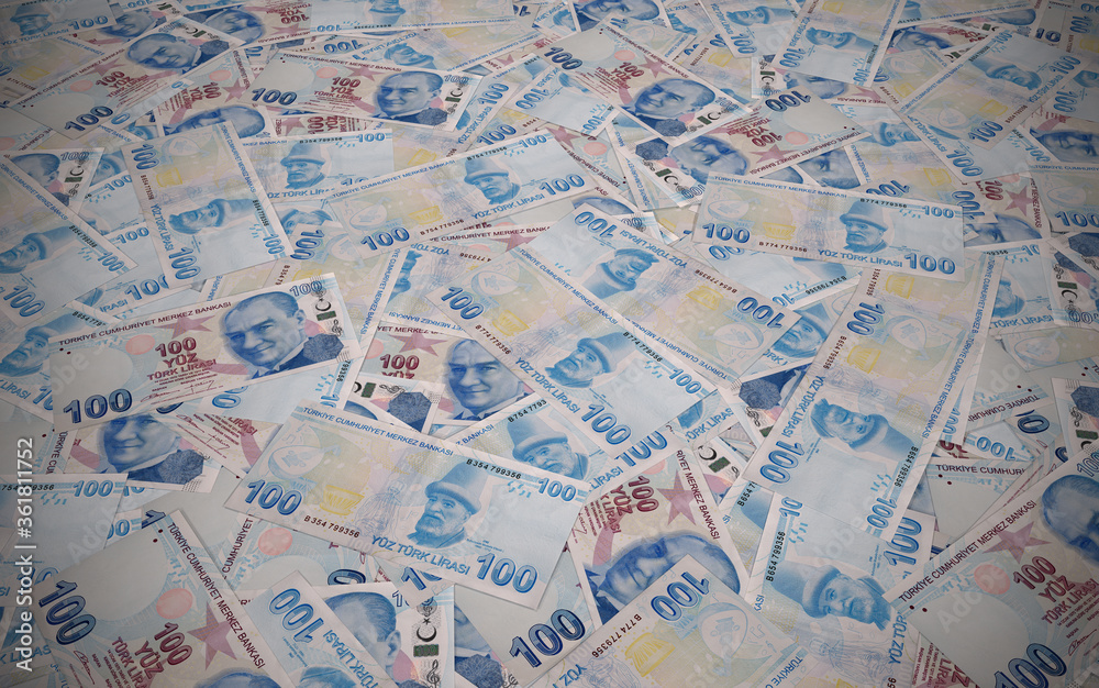 Turkish Money Background, 100 Turkish Money, Central Bank of the Republic of Turkey, Turkish Currency, 3D Render