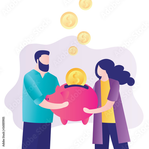 Marriage couple puts golden coins into piggy bank.Business team investment dollars to startup project