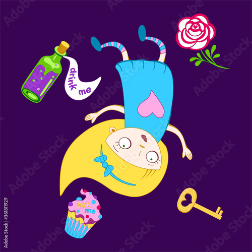Alice falls down the rabbit hole. Wonderland vector illustration