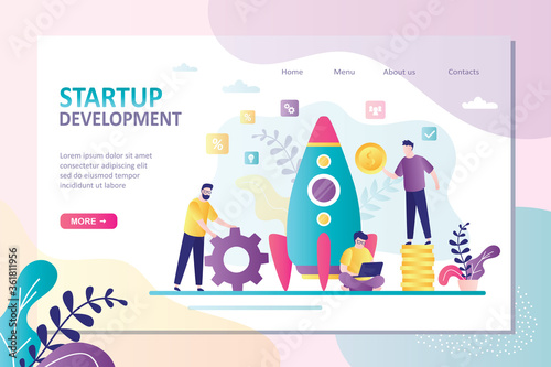 Startup development landing page template. Group of business people create new business. Investing in new company.