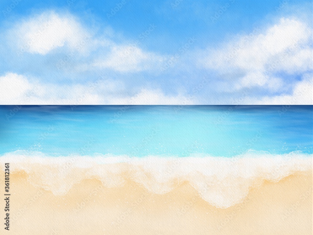 tropical beach with blue sky and clouds watercolor painting on paper tropical beach with blue sky and clouds watercolor painting on paper