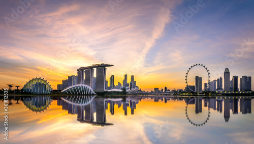 Singapore river view over Marina Bay Sands, Esplanade theatre, Singapore flyer. iconic view with flower in the foreground