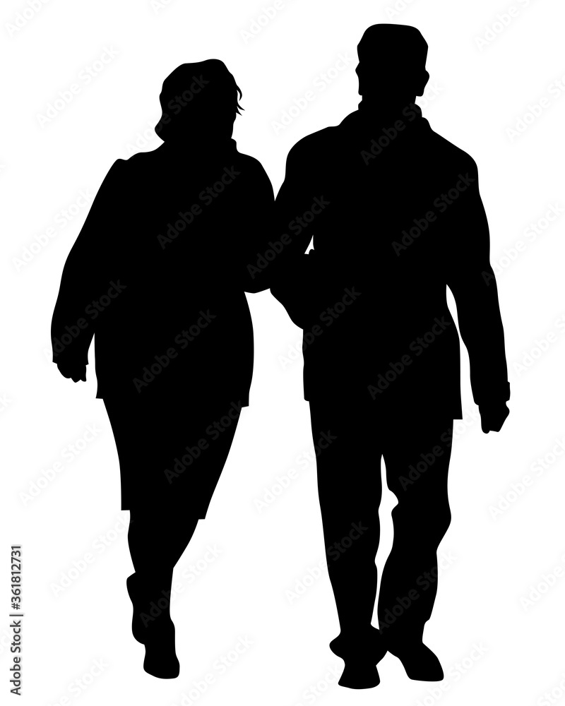 Two elderly people are walking along street. Isolated silhouettes on white background