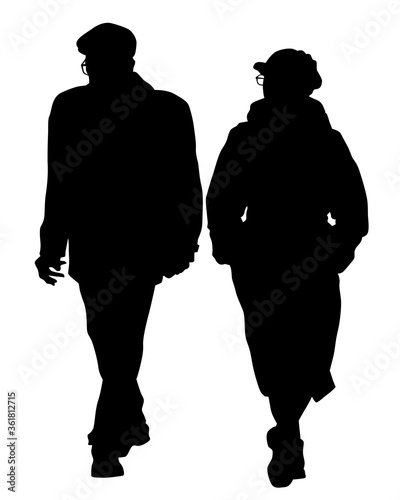 Two elderly people are walking along street. Isolated silhouettes on white background