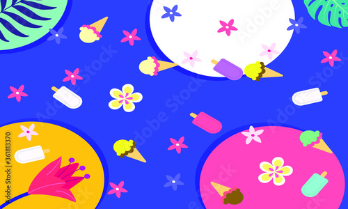 Trendy Abstract Summer tropical covers background with ice cream and ice with leaf  modern vivid and vibrant spring  wallpaper for poster cards web book social media and ads.Vector.