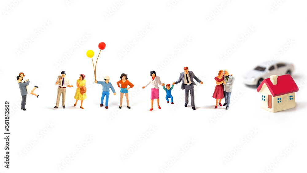 miniature people on white background.