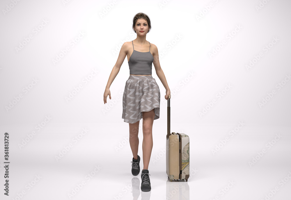 3D Render : The portrait of female traveler with the luggage in her hand, walking in the studio 3D Render : The portrait of female traveler with the luggage in her hand, walking in the studio