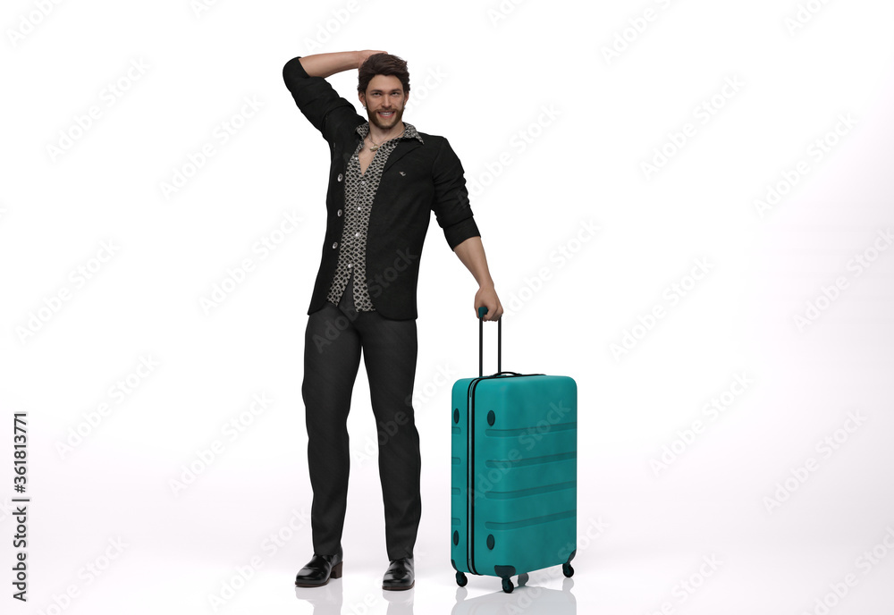 3D Render : The portrait of male traveler with the luggage in his hand, walking in the studio 3D Render : The portrait of male traveler with the luggage in his hand, walking in the studio