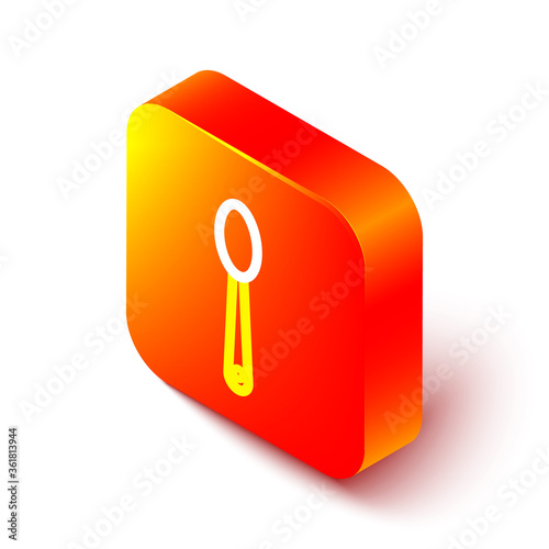 Isometric line Heroin in a spoon icon isolated on white background. Concept of drug addiction and dependence from the narcotic. Junkie lifestyle. Orange square button. Vector Illustration.