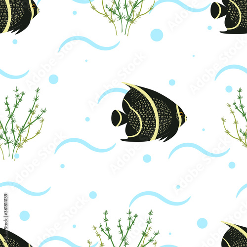 Seamless pattern with tropical exotic fishes and seaweeds. Vector hand drawn illustration of underwater sea life.