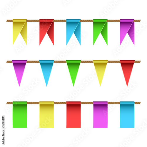 Garlands set of multi-colored flags on a straight rope, triangular and rectangular shape decor for a children is holiday realistic vector illustration