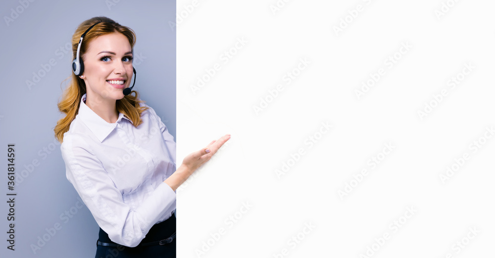 Call Center Service. Customer support or sales agent. Businesswoman or caller or receptionist phone operator showing banner with copy space. Helping, answering, consulting. Grey color background.