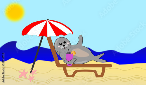illustration a seal on the beach with a cocktail under an umbrella