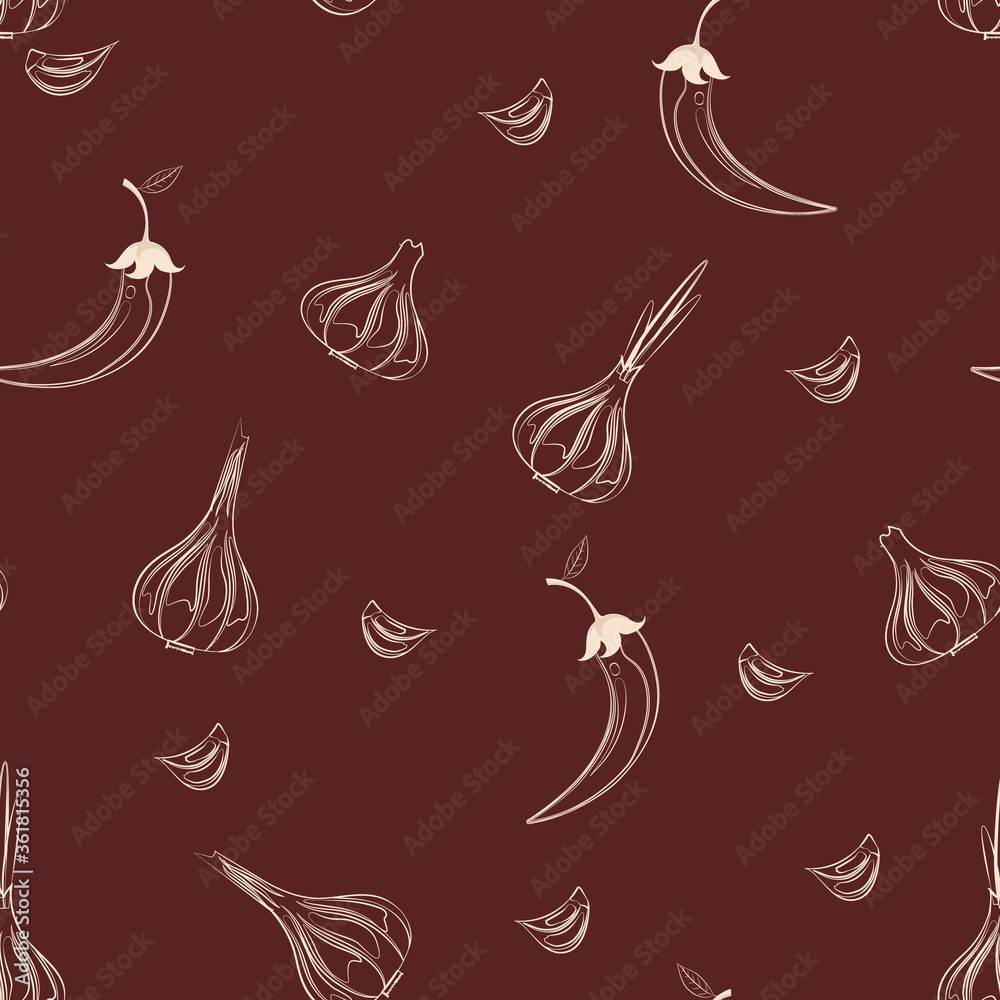 Vector seamless silhouette pattern of garlic heads and chili peppers in a burgundy background. Vector seamless silhouette pattern of garlic heads and chili peppers in a burgundy background.