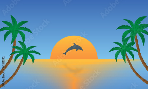 Sunset of summer sea landscape. Palm trees on the beach with a dolphin to jumping in front of the sun.