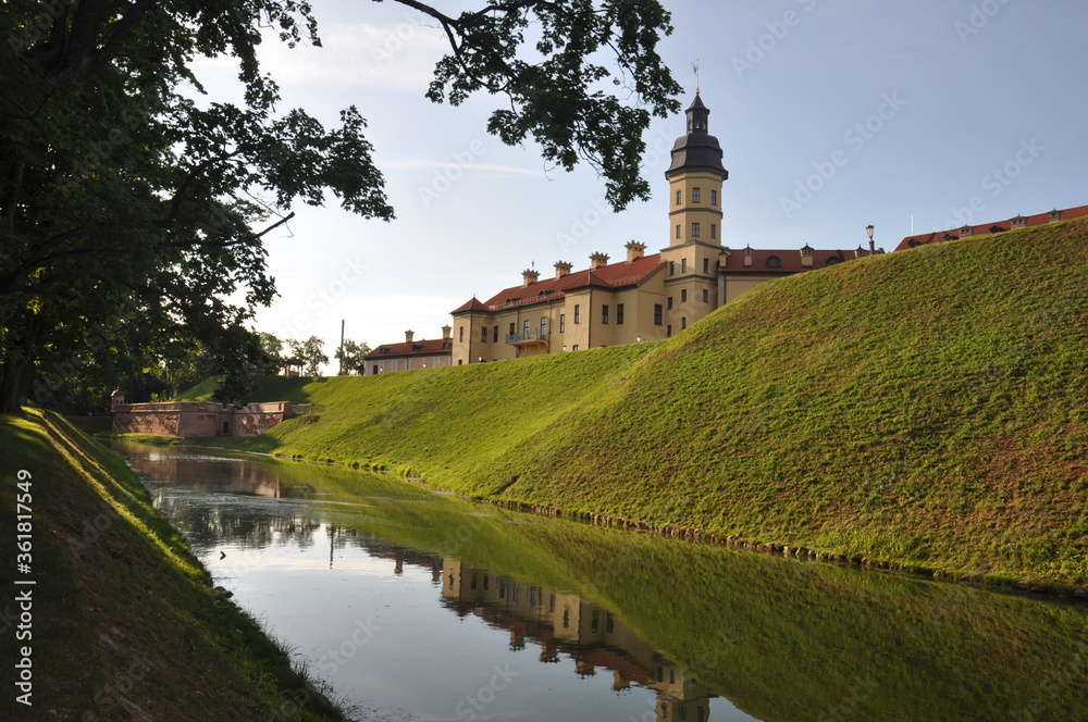 Front view of a beautiful castle. Located on an earthen rampart