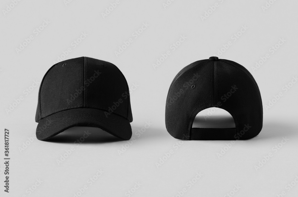 Black baseball caps mockup on a grey background, front and back side.  Stock-Foto | Adobe Stock