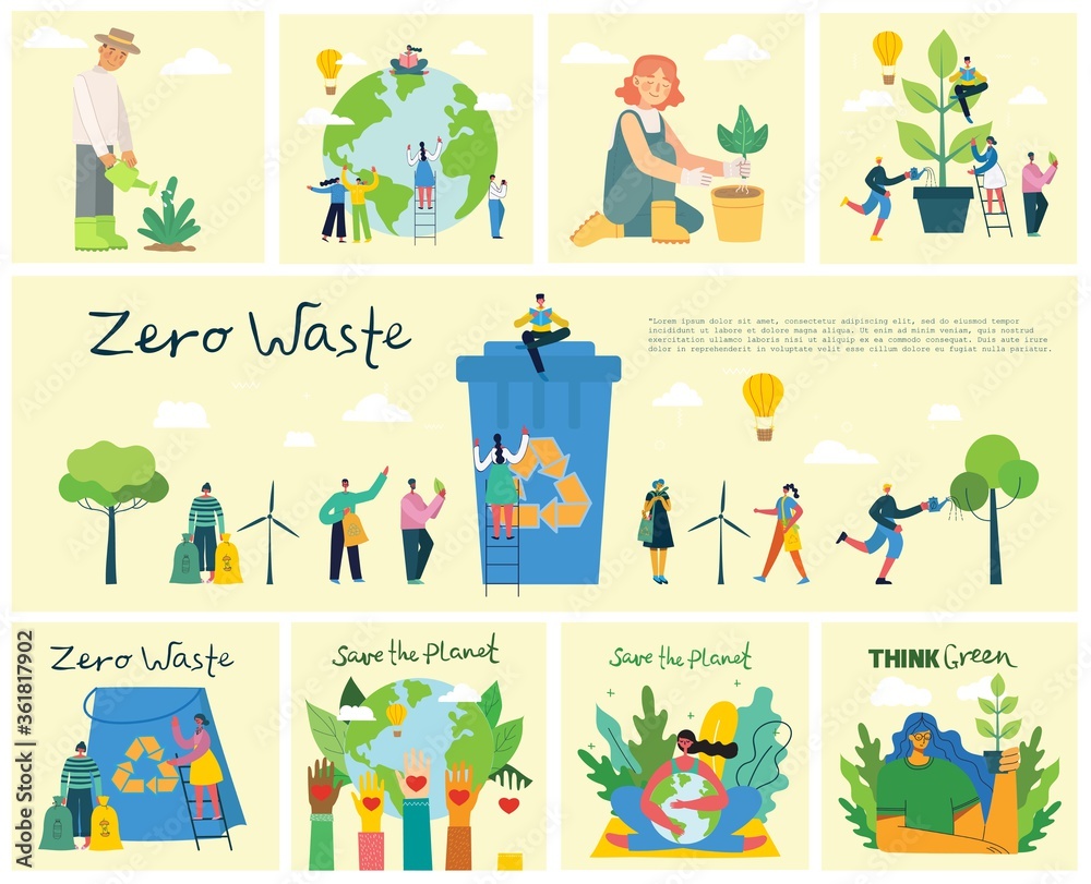 Fototapeta premium Set of eco save environment pictures. People taking care of planet collage. Zero waste, think green, save the planet, our home hand written text in the modern flat design