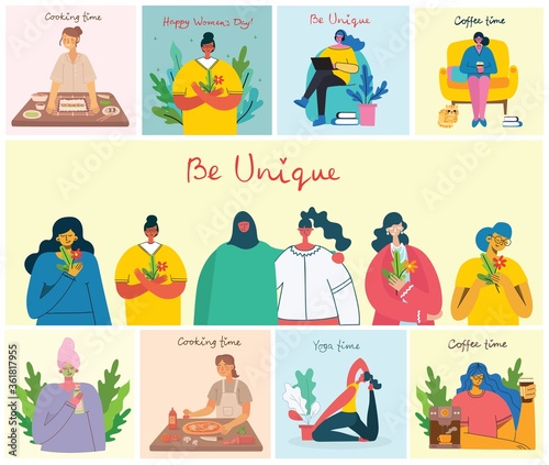 Women activities backgrounds. Women doing yoga, cooking, reading and working concept in the modern flat style