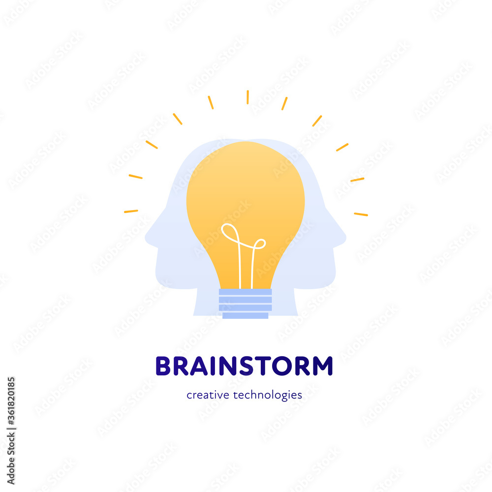 Creative business and brainstorm concept. Vector flat illustration. Square composition banner template. Human head with lightbulb idea symbol. Design for banner, logotype Creative business and brainstorm concept. Vector flat illustration. Square composition banner template. Human head with lightbulb idea symbol. Design for banner, logotype