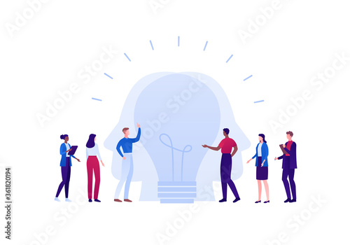 Creative business team work and brainstorm concept. Vector flat person illustration. Multiethnic group of man and woman with lightbulb idea symbol. Design element for banner, web, infographic