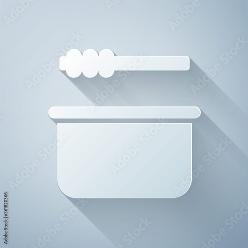 Paper cut Sauna bucket and ladle icon isolated on grey background. Paper art style. Vector Illustration.