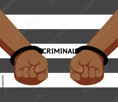 Handcuffed hands of prisoner and chain shaped like word "criminal"