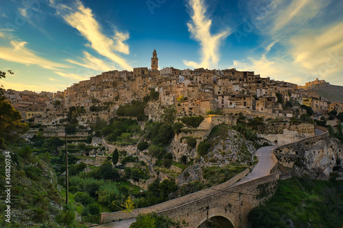 Aerial view of the town of Bocairent, Spain.Photo at sunset. photo