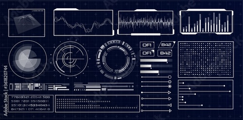 HUD futuristic interface. Hitech display with infographic elements. Dashboard with chart, diagram, line, graphic and data.