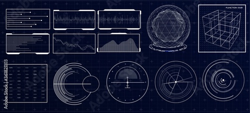 HUD futuristic interface. Hitech display with infographic elements. Dashboard with chart, diagram, line, graphic and data.