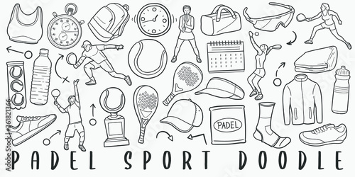 Padel and Tennis Sports Doodle Line Art Illustration. Hand Drawn Vector Clip Art. Banner Set Logos.