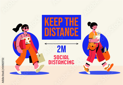 Social Distancing. women holding grocery bags keeping distance 2 meters to protect from COVID-19 corona virus diseases. Idea for COVID-19 outbreak, prevention and awareness.