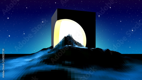 Abstract alien landscape with mysterious ruins of cube building and shiny light inside. Science fiction space landscape in 80s style