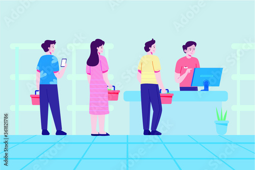 several people who use masks are queue to shop at supermarkets and do social distancing