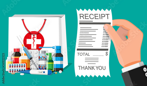 Medicine collection in bag, hand with receipt. Set of bottles, tablets, pills, capsules and sprays. Medical drug, vitamin, antibiotic. Healthcare and pharmacy. Flat vector illustration