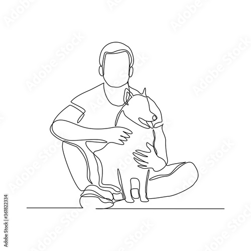 Continuous line drawing of happy man playing with dog pet. Vector illustration