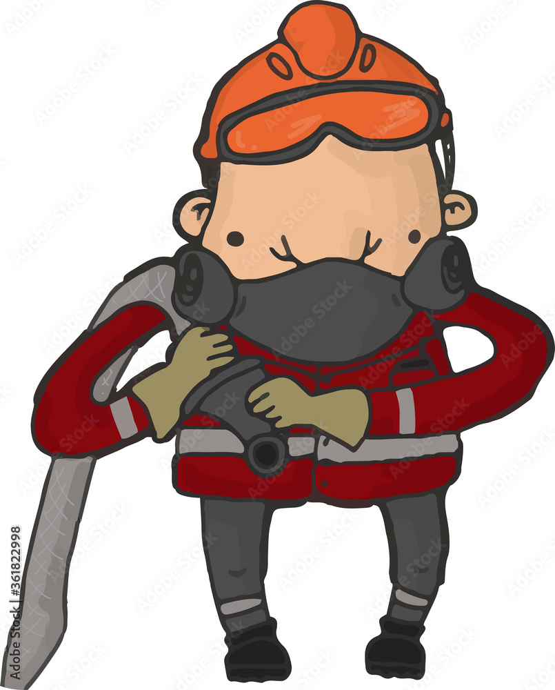 Fireman in helmet and in uniform near hydrant. Rescue man in uniform and helmet after the fire, a wildfire. hero character with hose. Fireman in helmet and in uniform near hydrant. Rescue man in uniform and helmet after the fire, a wildfire. hero character with hose.