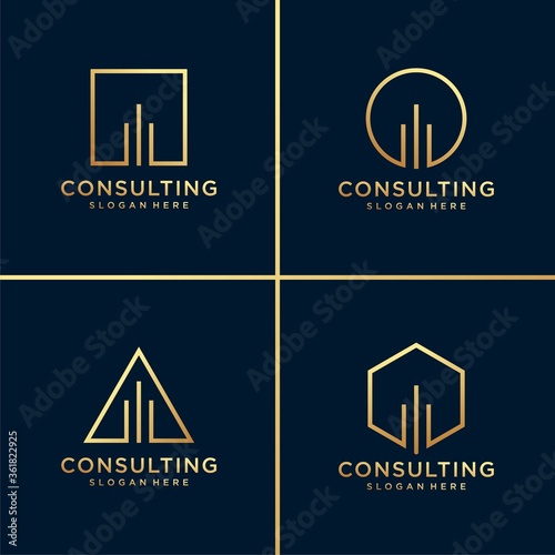 Golden consulting or building logo and business card with line art design. gold, building, consulting, chart, business card, company, office, Premium Vector