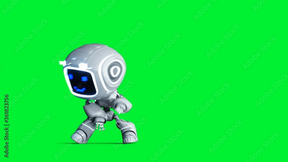 White smiling toy robot animation. Phisical motion blur. Realistic green screen 4k animation. Green screen White smiling toy robot animation. Phisical motion blur. Realistic green screen 4k animation. Green screen