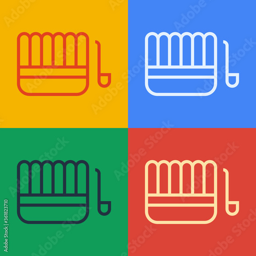 Pop art line Sauna bucket and ladle icon isolated on color background. Vector Illustration.