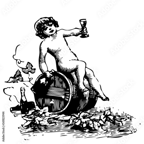 Vintage engraving set of an angel on wine barrels